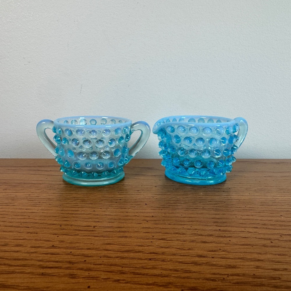 Fenton‎ Blue Opalescent Hobnail Sugar and Creamer Set Mid Century Glassware